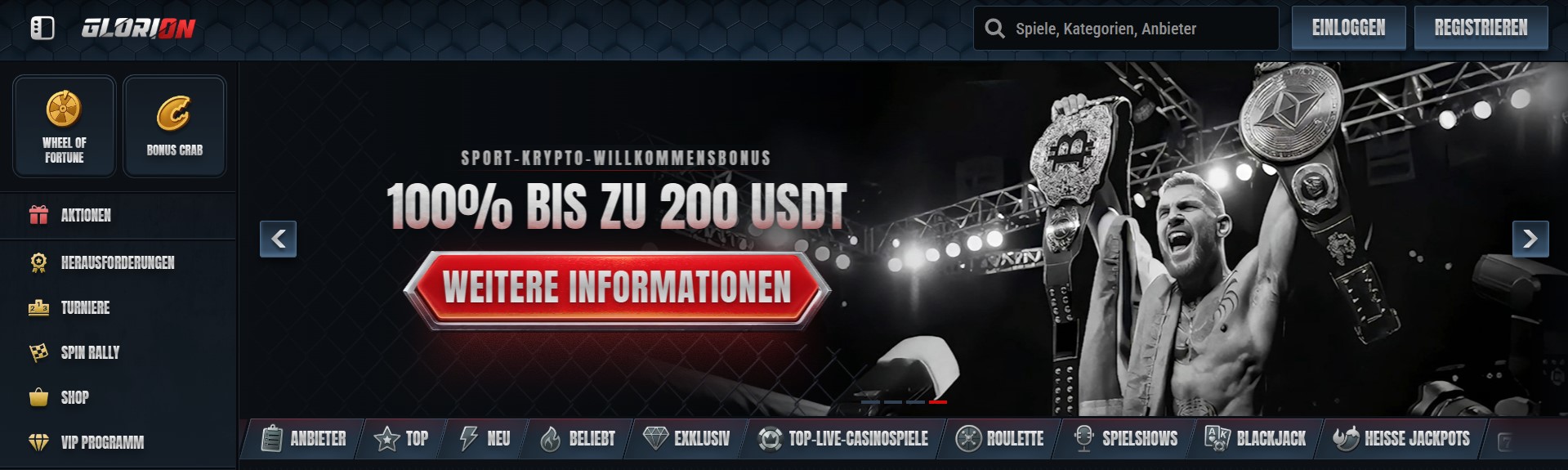 Promotionsbanner für die Online-Gaming-Plattform GLORION mit einem Sportler, der Crypto-Championship-Gürtel mit Bitcoin- und Ethereum-Symbolen präsentiert, um moderne Casino- und Cryptowährungselemente zu verbinden.